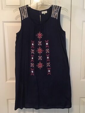 Embroidered Navy Sleeveless Mini Dress with Beaded Shoulders